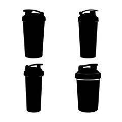 Four distinct black silhouettes of protein shaker bottles for fitness designs