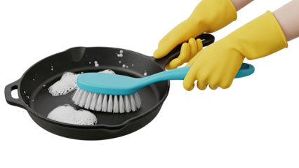 Hands in yellow gloves scrubbing a cast iron pan with a blue brush