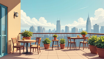 modern balcony with potted plants and tables overlooking a city skyline under a clear blue sky, ideal for relaxation or outdoor dining