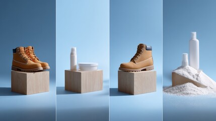 Product arrangement with shoes bottle salt and blocks over blue gradient background for creative commercial styling