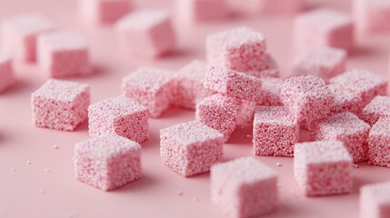 Pink sugar cubes arranged neatly on soft surface for candy product visual concept and playful design