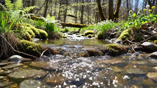 A clear stream rushes over rocks surrounded by lush green moss grass ferns  small white  yellow flowers in a bright forest setting