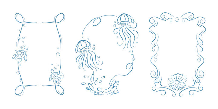 Sea life doodle frames set isolated on white background. Vector illustration of blue line borders with turtle, jellyfish, shell, elegant decoration for aquarium, resort banner, seafood restaurant menu