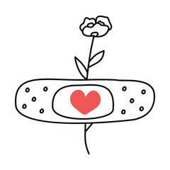 Flower with a heart-shaped bandage. Doodle, linear illustration