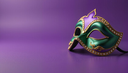 decorative masquerade mask in green and purple colors displayed against a solid purple background, concept celebration or party accessories