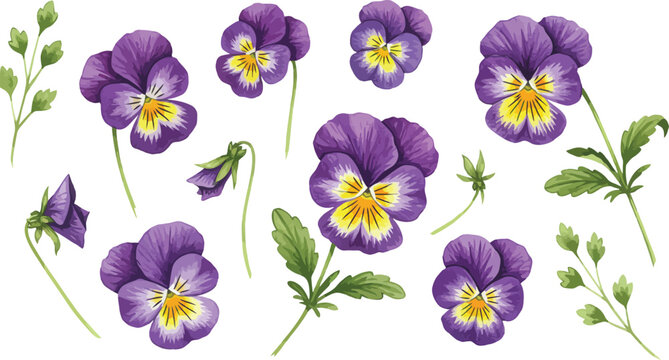 Purple pansy flowers with yellow centers and green leaves illustration