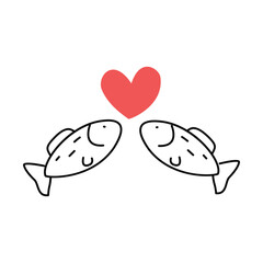 Two fish in love and a heart. Doodle, linear illustration.