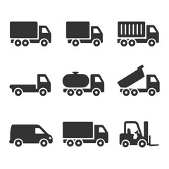 Set of nine truck and forklift icons in silhouette style for transportation design.