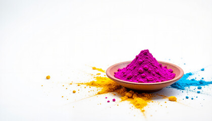 colored powders scattered around a bowl with vibrant hues of pink, yellow, and blue representing celebration and creativity, perfect for art projects and design concepts