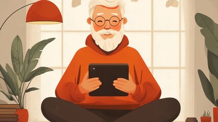 selective focus whimsical cartoon old man using technology