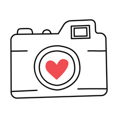 Camera with a heart. Doodle, linear illustration