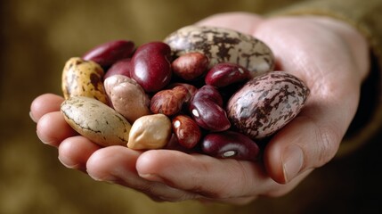 A vibrant collection of legumes rests gently in an open hand, highlighting their diverse shapes and colors. This assortment represents healthy eating and the beauty of nature's bounty