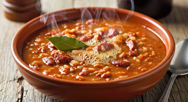 Rustic Close-up of Hearty Pasulj Serbian Bean Stew with Smoke Rising and Warm Light