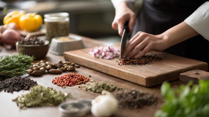 Chef cutting herbs on wooden board for culinary cooking visuals and organic food product branding composition