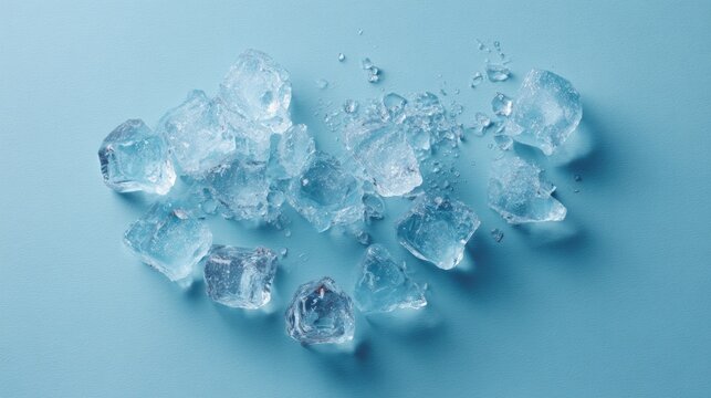 Scattered ice cubes on pastel blue surface for freshness product concept and beverage cooling visuals photography