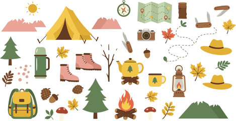 Camping and hiking icons and symbols in a colorful illustration