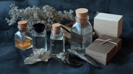 Apothecary glass bottles with wood blocks for vintage wellness and herbal product branding