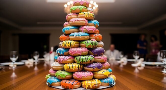 Colorful donut tower centerpiece on a wooden table, delicious dessert.