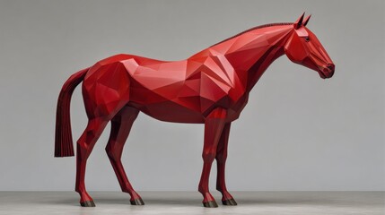 Obraz premium Red polygonal horse sculpture stands majestically against a neutral background, showcasing geometric shapes and vibrant color, representing the zodiac animal concept in modern art