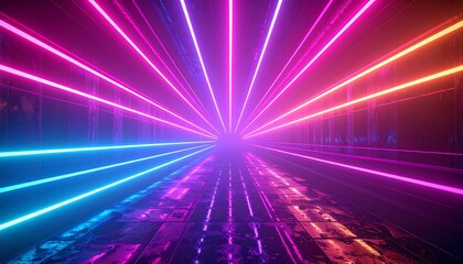 Colorful abstract tunnel with neon light rays converging to a point