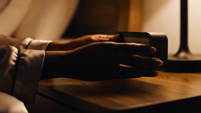 Only hands placing alarm clock face down, digital detox before sleep
