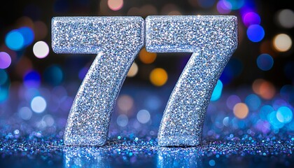 Seventyseven metallic numbers glowing in shimmering illumination for a memorable celebration event.