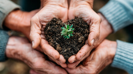 Generations unite to cradle a heart-rooted sapling, symbolizing a shared legacy of preserving the planet for the future. Save the planet. Climate change