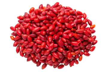 Vibrant heap of raw cornelian cherry fruits, top view close-up.
