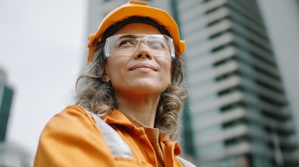A determined Brazilian female industrial worker stands tall, adorned in safety gear, looking up with optimism amid towering buildings. Her confidence shines bright against the city skyline