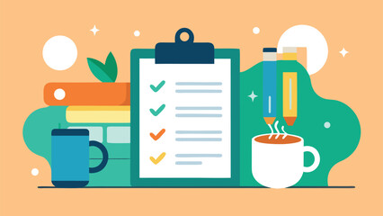 Clipboard with checklist and stationery on a desk with coffee cup