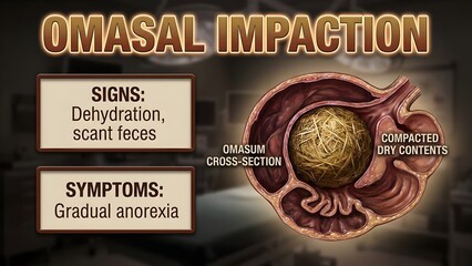 Omasal impaction in a cow's digestive system showing signs of dehydration and symptoms of gradual anorexia with compacted dry contents with veterinary pathology