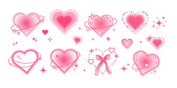 Y2k blurred gradient pink heart sticker set. Valentines Day Glowing light love shape collection
