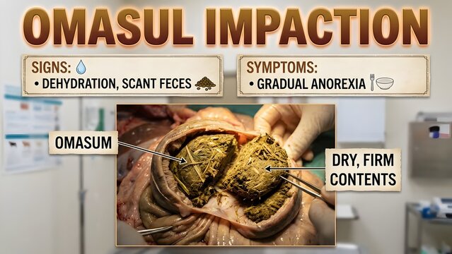 Veterinary pathology image of omasum impaction in a ruminant animal showing signs of dehydration and scant feces with a close up view of the omasum with dry firm contents