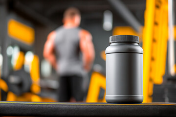 Powder jar with scoop resting on gym bench during fitness workout session Generative AI