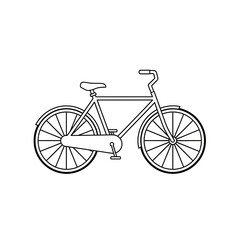Fototapeta premium Simple black and white line art illustration of a classic bicycle with two wheels, handlebars, seat, and pedals, depicted in profile view.