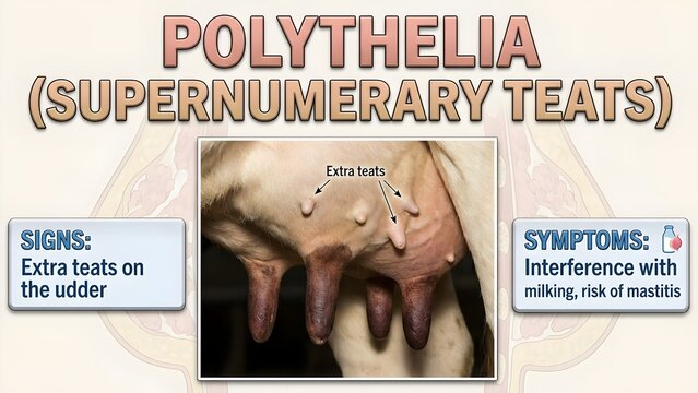 Veterinary pathology image of a cow udder with extra teats illustrating polythelia or supernumerary teats condition with animal health and dairy cattle