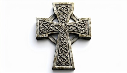 Stone Celtic cross with intricate knotwork, symbolizing eternity, unity, and cultural heritage.