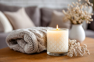 Cozy candle burns beside a warm blanket in a comfortable interior space Generative AI