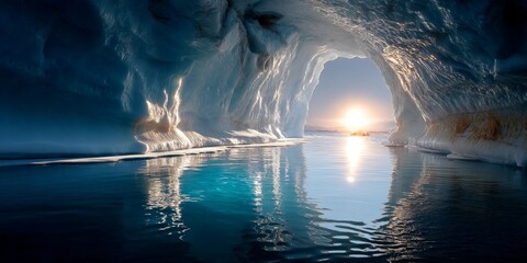 Sunlight entering ice cave at sunset in arctic north pole