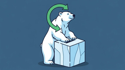 White Polar Bear Standing on Iceberg with Green Arrow, Isolated on Blue Background, Illustration