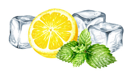 Fresh citrus Lemon, mint and Ice cubes, crystal ice blocks, Hand drawn watercolor illustration isolated on white background