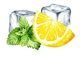 Fresh citrus Lemon, mint and Ice cubes, crystal ice blocks.  Hand painted watercolor illustration, isolated on white background