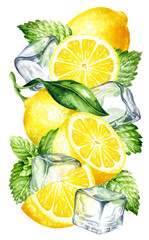Fresh citrus Lemon, mint and Ice cubes, crystal ice blocks. Hand painted watercolor illustration isolated on white background