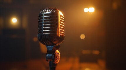 Vintage Microphone on Stage with Bokeh Lights
