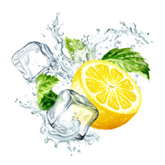 Fresh citrus Lemon, mint leaves, Ice cubes and splash of crystal water. Hand painted watercolor illustration, isolated on white background