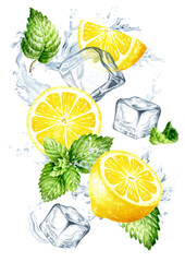 Ice cubes with lemon, mint leaves and splash of crystal water. Hand drawn watercolor illustration isolated on white background