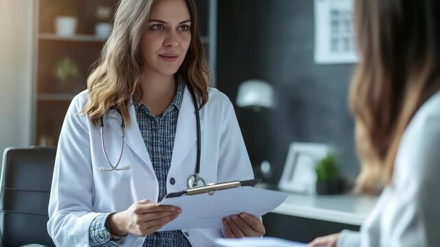 A female physician dressed in a white coat and stethoscope, conducting a consultation with a patient.