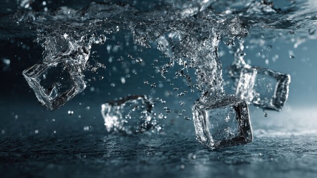 Ice Cubes Splashing into Water