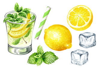 Mojito Glass, Cold fresh lemonade, cool summer drink with lemon, ice and mint set. Hand painted watercolor illustration isolated on white background