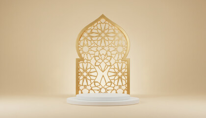 Abstract 3D white podium on table with ramadan ornament wall scene. Vector rendering of a minimal geometric platform design in light yellow.